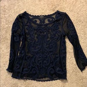 Express Navy Blue Long Sleeve Lace Top